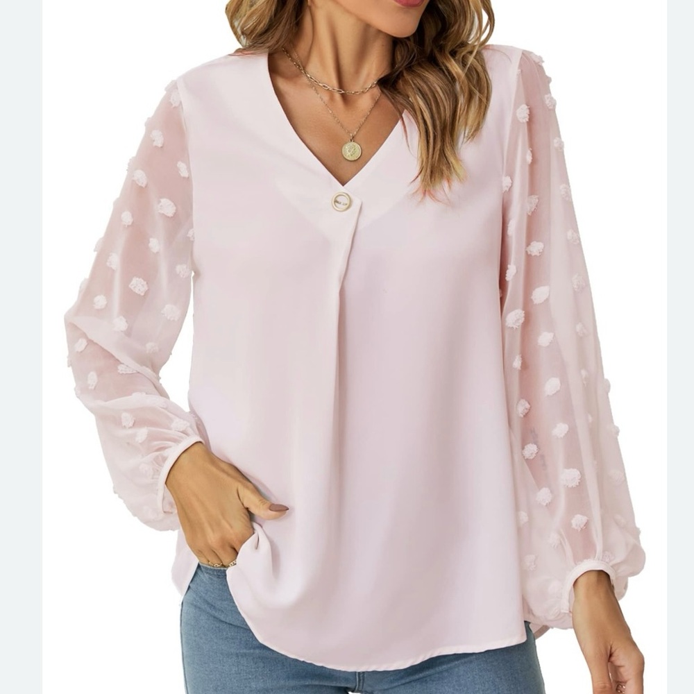Blush Pink V-Neck Blouson Swiss Dot Textured Sleeve Blouse Top Size XL